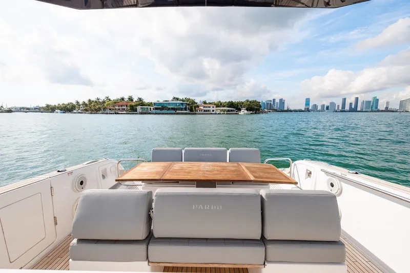 Slide: The Image of 2021 Pardo Yachts P38 luxury yacht with scenic waterfront city view. - 41