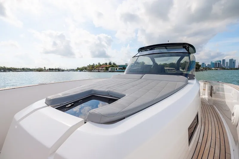 Slide: The Image of 2021 Pardo Yachts P38 luxury yacht with sleek design on calm waters. - 32