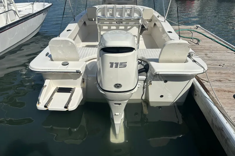 Slide: The Image of 2021 Savannah SS21 boat with 115 horsepower engine docked at marina. - 22