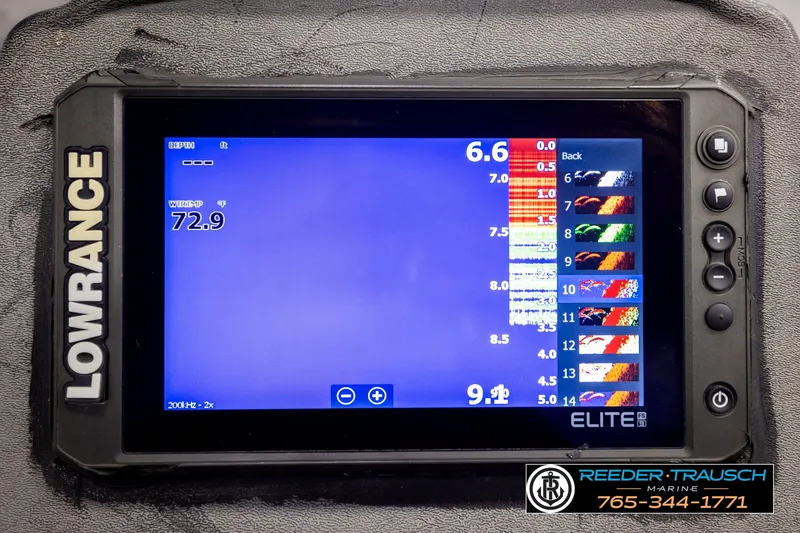 Slide: The Image of Lowrance fish finder display on 2021 Ranger RT188C boat, showing water temperature and depth readings. - 32