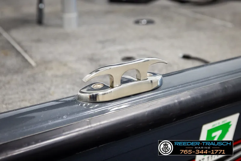 Slide: The Image of Stainless steel cleat on 2021 Ranger RT188C boat deck, Reeder Trausch Marine branding visible. - 57
