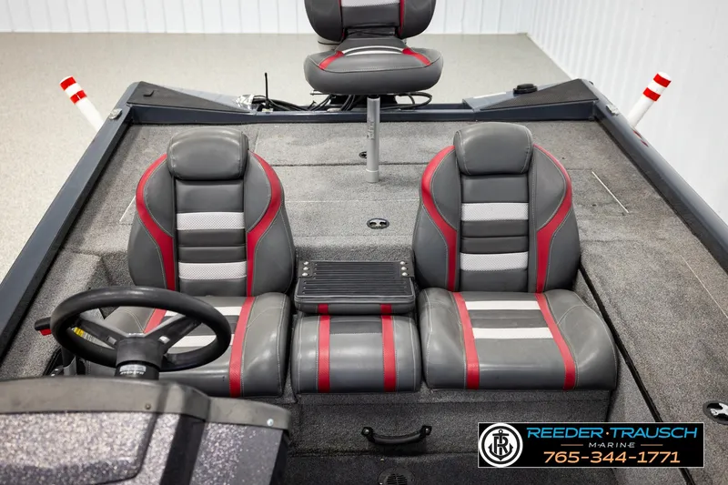 Slide: The Image of Interior of 2021 Ranger RT188C boat with gray and red seating. - 20
