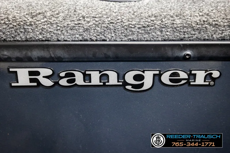 Slide: The Image of 2021 Ranger RT188C boat logo with textured surface and Reeder Trausch Marine contact details. - 41