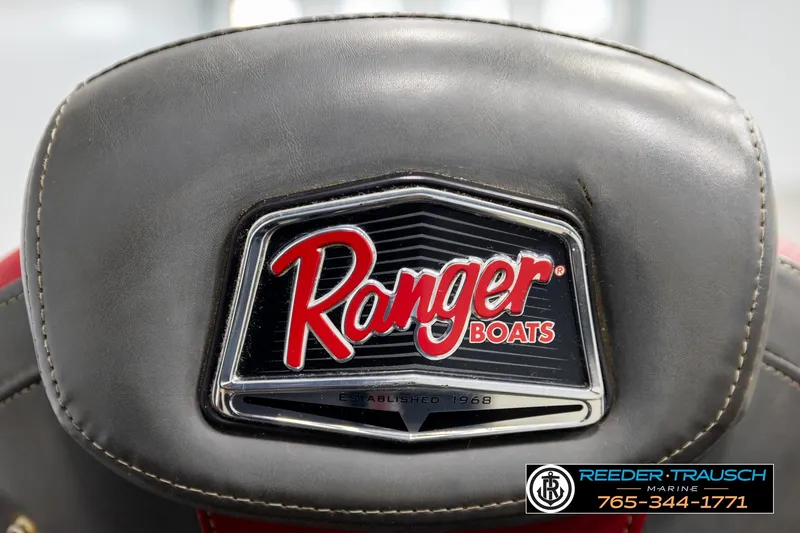 Slide: The Image of Close-up of Ranger Boats logo on 2021 Ranger RT188C seat. - 39