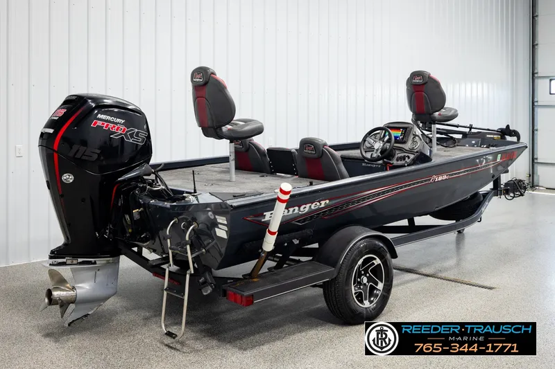 Slide: The Image of 2021 Ranger RT188C fishing boat with Mercury Pro XS engine in showroom. - 4