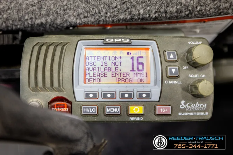 Slide: The Image of Cobra Marine GPS device on 2021 Ranger RT188C boat, displaying DSC alert message. - 35