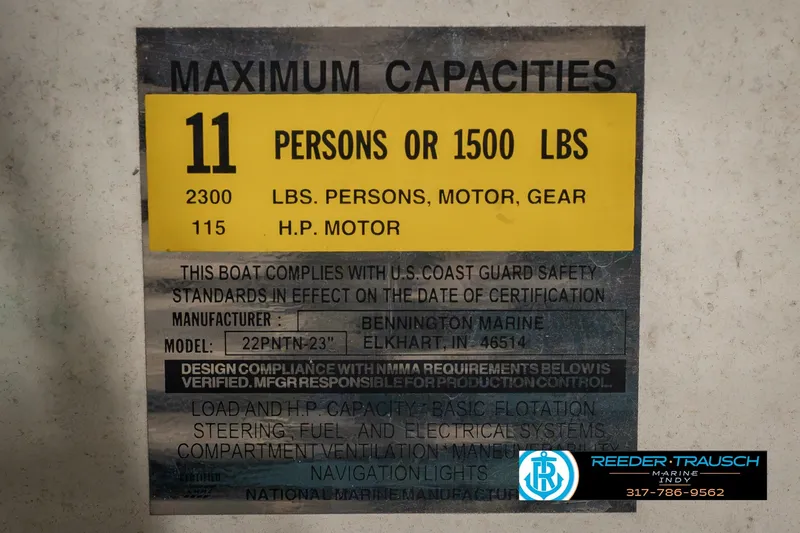 Slide: The Image of Bennington 227L 2000 boat capacity label: 11 persons or 1500 lbs, 115 HP motor. - 56