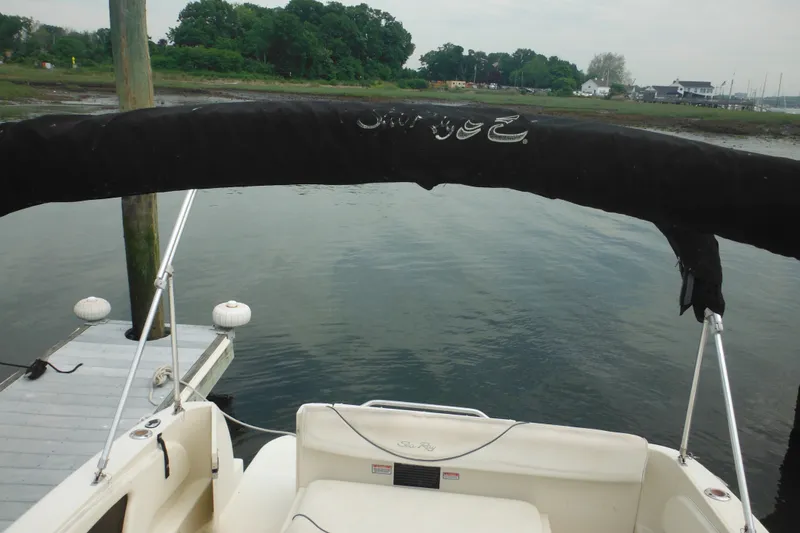 Slide: The Image of 2004 Sea Ray 245 Weekender docked by a calm waterfront with lush greenery. - 56