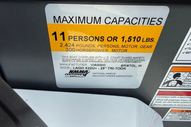 Slide: The Image of Viaggio x22u 2027 boat capacity label: 11 persons, 1,510 lbs, 300 horsepower. - 19