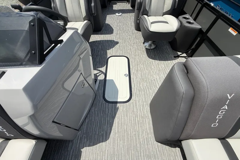 Slide: The Image of Interior of 2027 Viaggio x22u boat with modern seating and sleek design. - 27