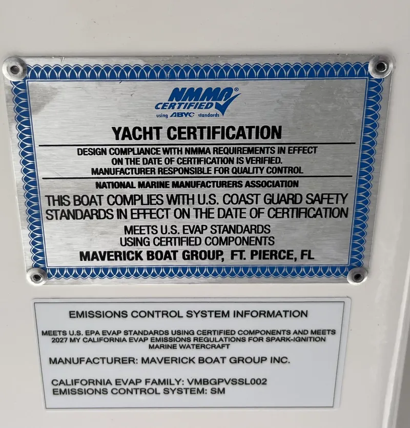 Slide: The Image of Yacht certification plaque detailing compliance with safety and emission standards. - 42