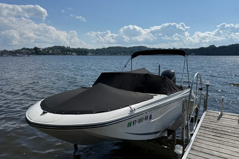 Slide: The Image of 2024 Bayliner Element M17 boat docked on a sunny lake with cover. - 5