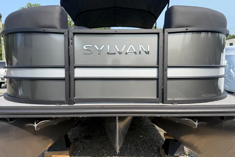 Slide: The Image of 2026 Sylvan X1 CLZ DH pontoon boat, sleek design, front view. - 2