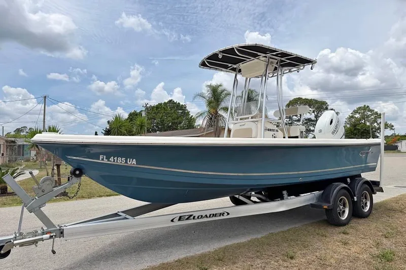 The Image of 2025 Bulls Bay 2200 XS boat on trailer, parked outdoors under cloudy sky. - 0