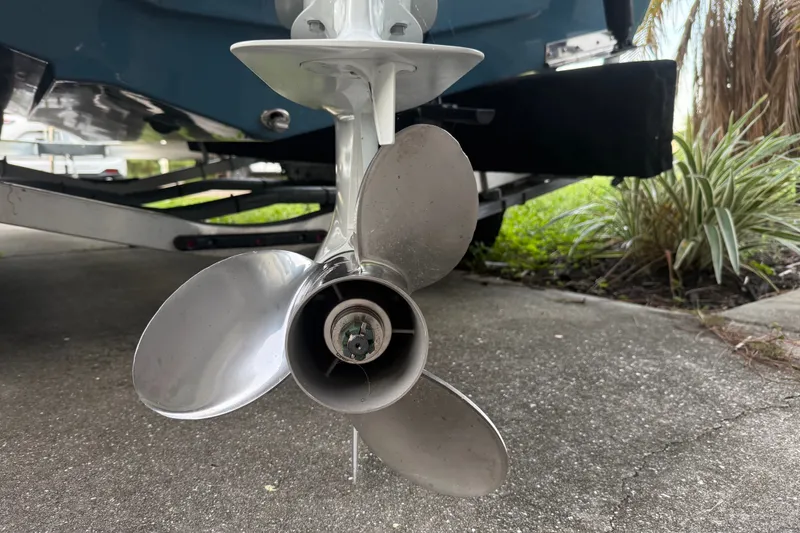 Slide: The Image of Propeller of 2025 Bulls Bay 2200 XS boat on trailer, close-up view. - 11
