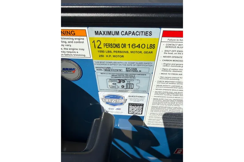 Slide: The Image of 2026 Sylvan X-3 CLZ DH boat capacity label, 12 persons or 1640 lbs, 250 HP motor. - 20
