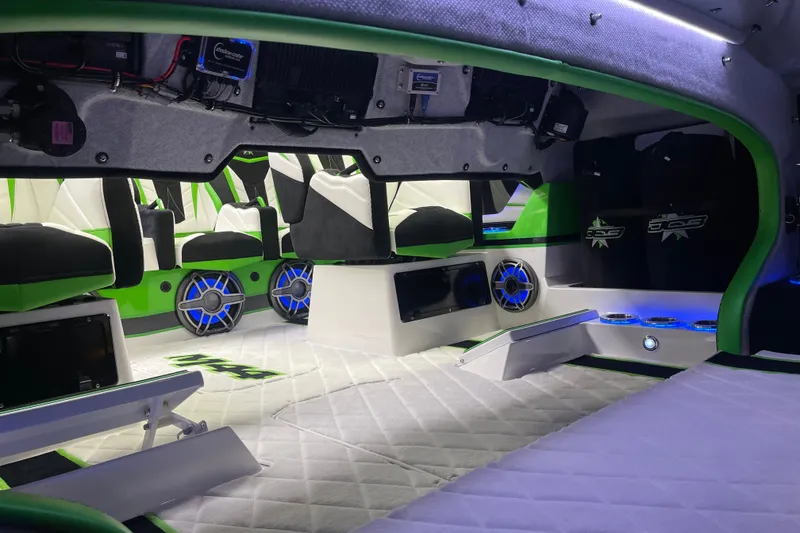 Slide: The Image of Luxurious interior of 2022 Daves Custom Boats DCB M-44 with modern seating and audio system. - 23