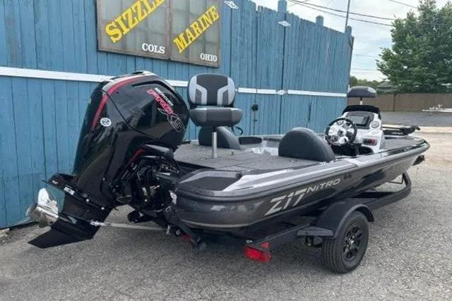 Slide: The Image of 2026 Nitro Z17 boat with powerful outboard motor, parked at Sizzle Marine, Ohio. - 4
