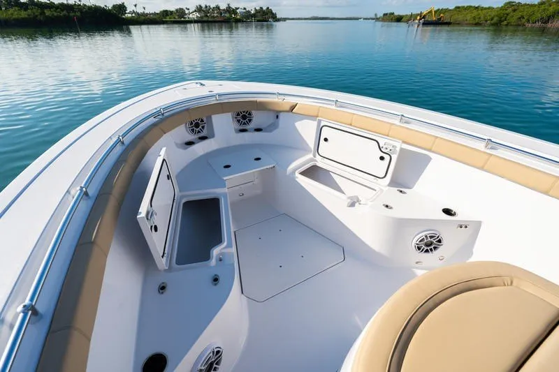 Slide: The Image of 2027 Sportsman Open 352 Center Console boat interior with open storage compartments. - 25