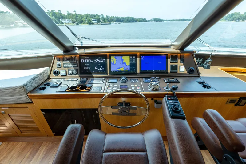 Slide: The Image of Cockpit of 2019 Horizon PC65 yacht with advanced navigation systems and luxurious seating. - 20