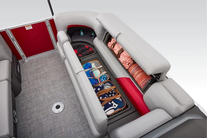 Slide: The Image of Manufacturer Provided Image: 2026 Sun Tracker Party Barge 22 DLX interior storage with organized seating and accessories. - 25