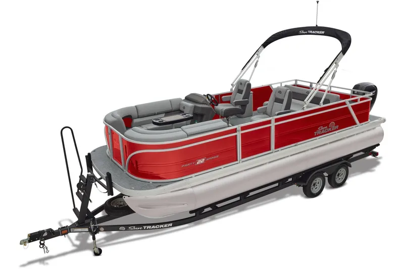 Slide: The Image of Manufacturer Provided Image: 2026 Sun Tracker Party Barge 22 RF DLX pontoon boat on trailer, red and gray design. - 13