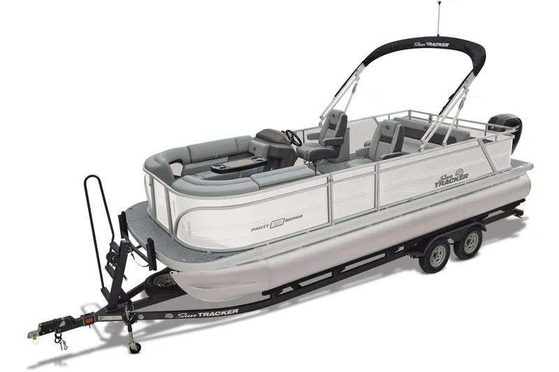 Slide: The Image of Manufacturer Provided Image: 2026 Sun Tracker Party Barge 22 RF DLX pontoon boat on trailer, side view. - 14