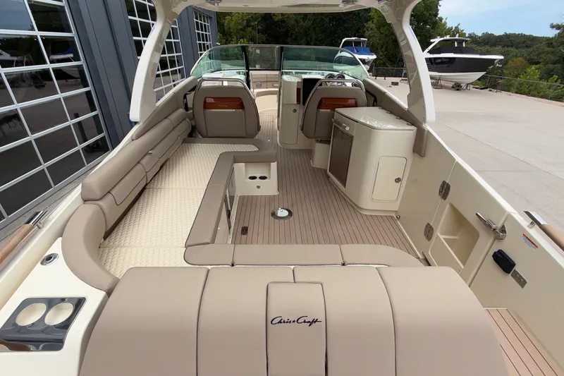 Slide: The Image of 2027 Chris-Craft Launch 35 GT boat interior with luxurious seating and modern amenities. - 15