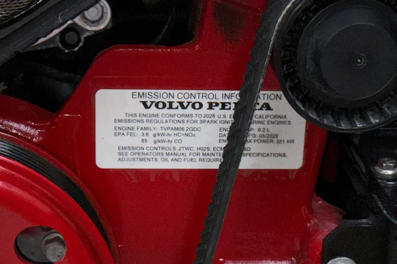 Slide: The Image of Close-up of Volvo Penta engine label on 2027 Chris-Craft Launch 35 GT. - 71
