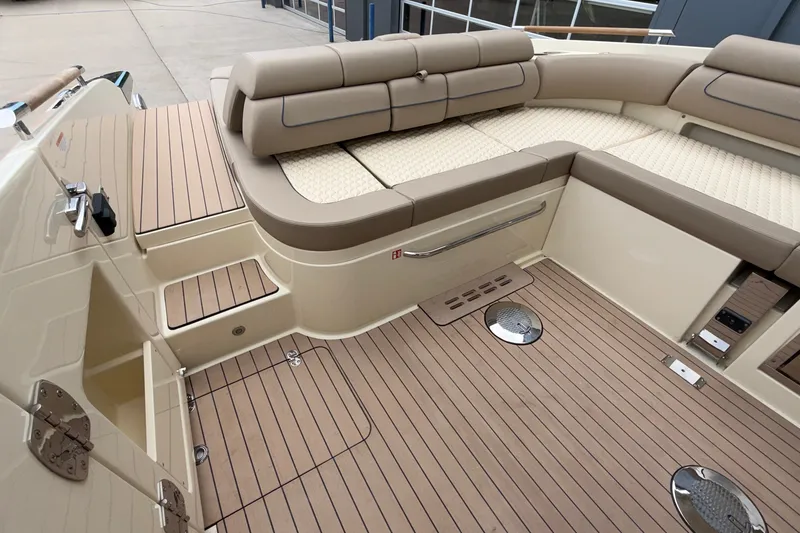 Slide: The Image of 2027 Chris-Craft Launch 35 GT boat interior with luxurious seating and teak flooring. - 22