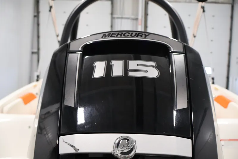Slide: The Image of Mercury 115 engine on 2019 Bayliner Element 180 XL boat, close-up view. - 35