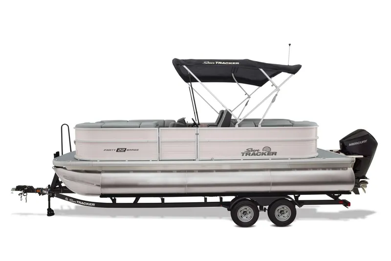 Slide: The Image of Manufacturer Provided Image: 2026 Sun Tracker Party Barge 22 XP3 pontoon boat on trailer, side view. - 22