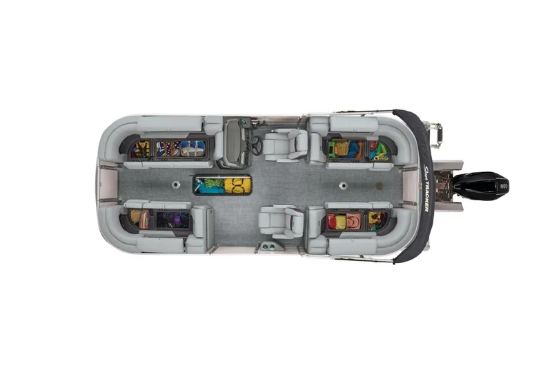 Slide: The Image of Manufacturer Provided Image: 2026 Sun Tracker Party Barge 22 XP3, top view, spacious seating, storage compartments. - 26