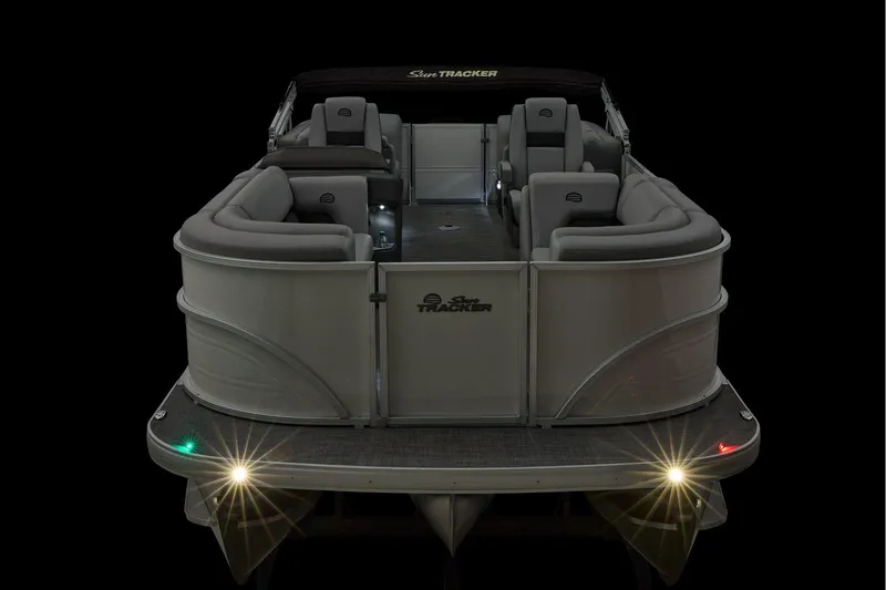 Slide: The Image of Manufacturer Provided Image: 2026 Sun Tracker Party Barge 22 XP3 pontoon boat with illuminated deck and seating. - 32