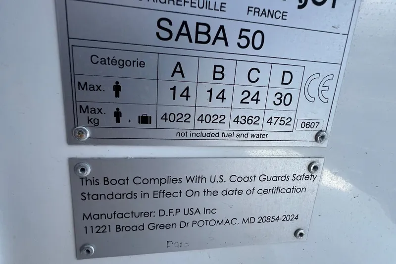 Slide: The Image of Plaque on Fountaine Pajot SABA 50, 2021 model, showing capacity and safety compliance details. - 101