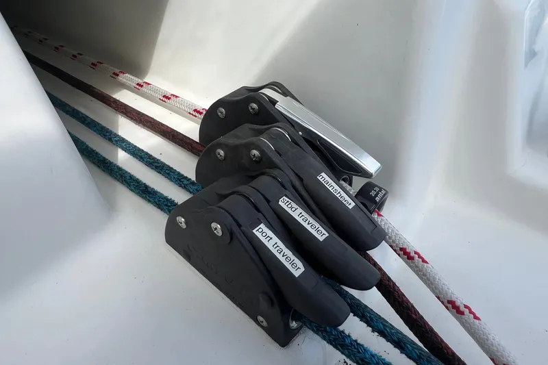 Slide: The Image of Close-up of rope clutches on a 2021 Fountaine Pajot SABA 50 catamaran. - 81