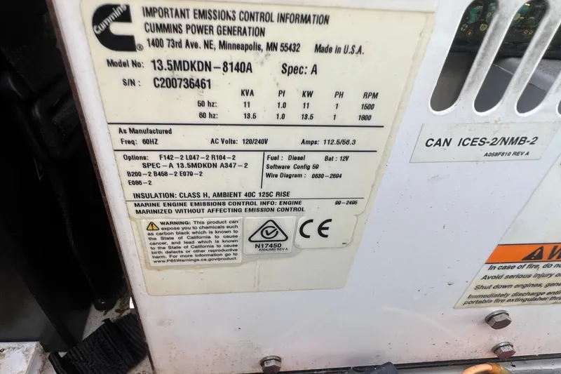 Slide: The Image of Cummins power generator label on a 2021 Fountaine Pajot SABA 50 yacht. - 103