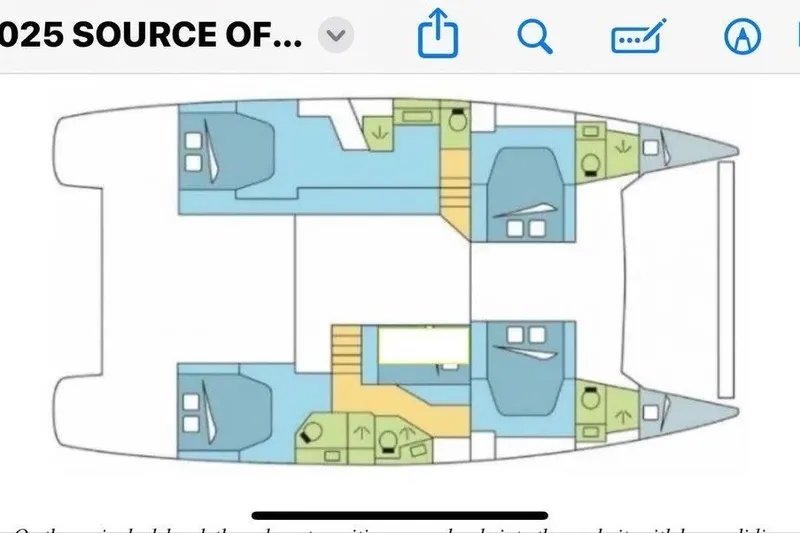 Slide: The Image of Floor plan of a 2021 Fountaine Pajot SABA 50 catamaran, showing cabin layout. - 130