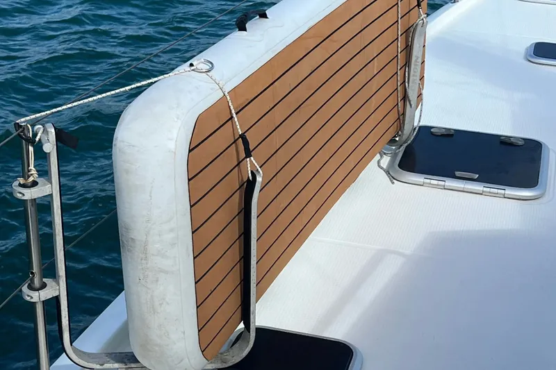 Slide: The Image of Fountaine Pajot SABA 50 yacht deck detail with wooden panel, 2021 model. - 127