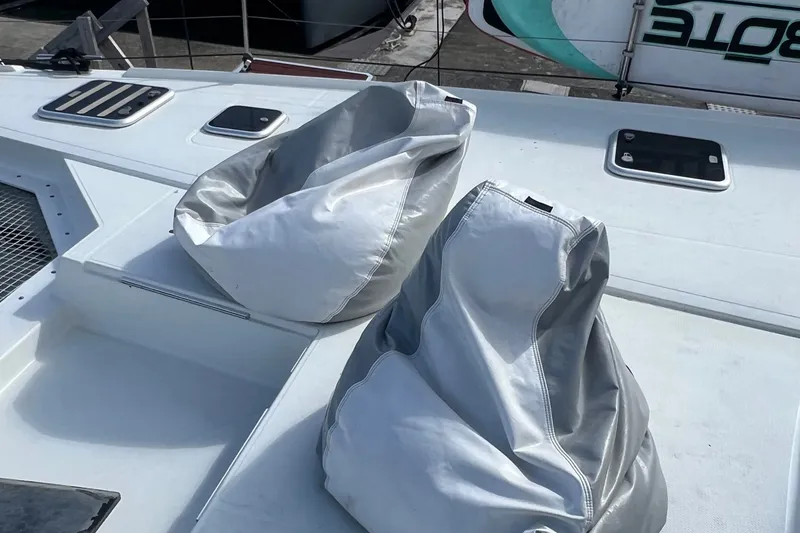 Slide: The Image of Deck of 2021 Fountaine Pajot SABA 50 with bean bag chairs. - 46