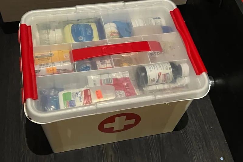 Slide: The Image of First aid kit with medical supplies on a Fountaine Pajot SABA 50 yacht, 2021 model. - 105