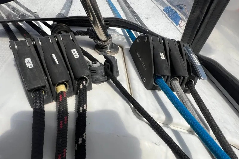 Slide: The Image of Rope clutches on a 2021 Fountaine Pajot SABA 50 catamaran deck. - 58