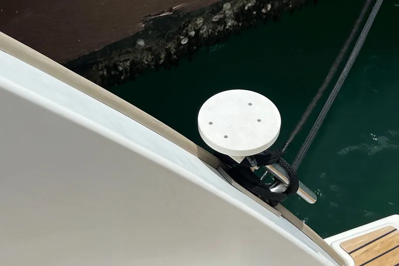 Slide: The Image of Fountaine Pajot SABA 50 yacht moored, showing deck cleat and rope, 2021 model. - 88