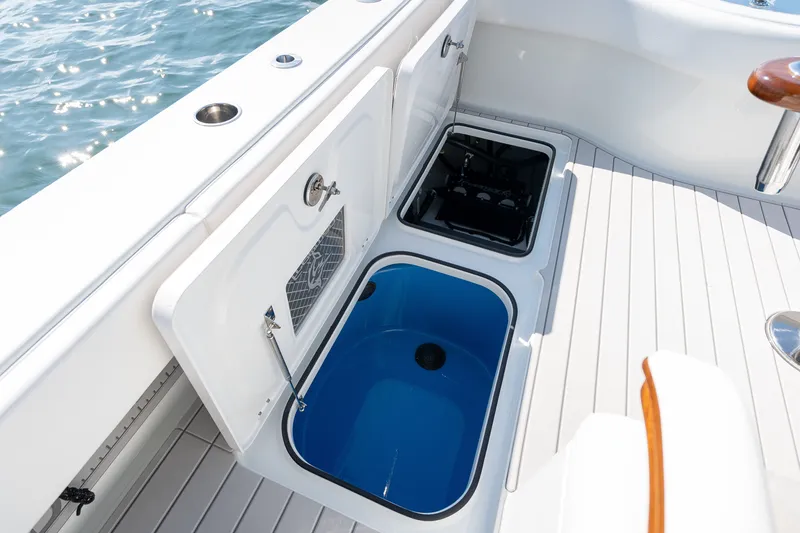 Slide: The Image of 2024 Freeman 43 boat deck with open storage compartments and ocean view. - 19