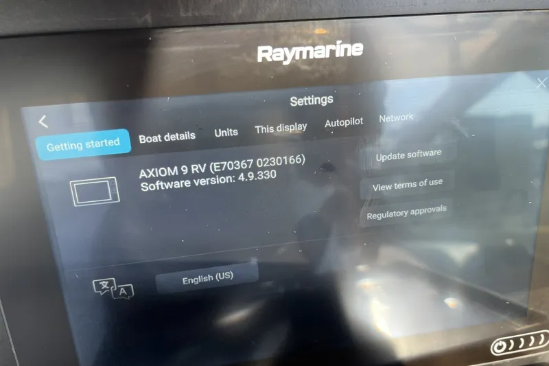 Slide: The Image of Raymarine display showing settings for AXIOM 9 RV, software version 4.9.330, on 2006 Four Winns 348 Vista. - 12