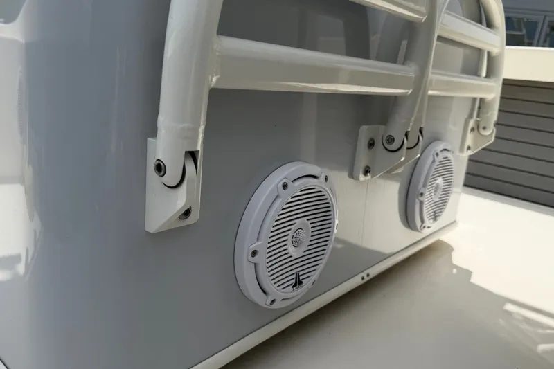Slide: The Image of 2022 Pathfinder 2600 HPS boat speakers and railing detail. - 12