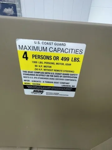 Slide: The Image of A sign displays a boat's maximum capacity: 4 persons or 499 pounds. - 12