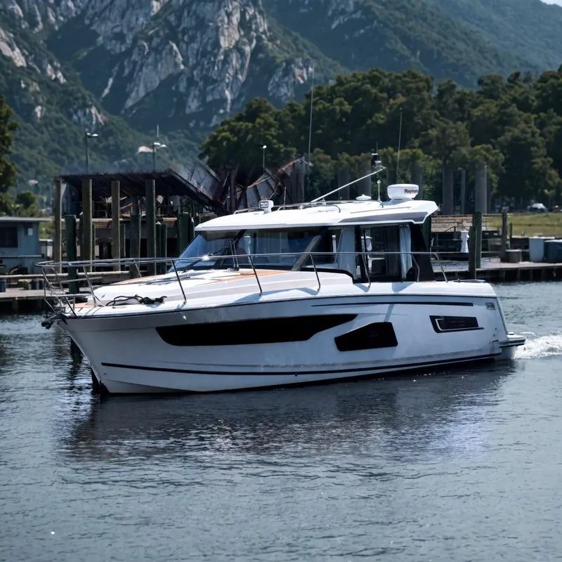 Slide: The Image of Jeanneau NC Weekender 1095, 2021, sur des eaux calmes avec une toile de fond montagneuse. - 3