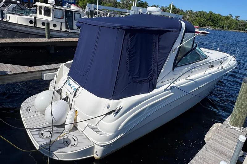 Slide: The Image of 2001 Sea Ray 340 Sundancer docked, featuring a blue canopy and white hull. - 6