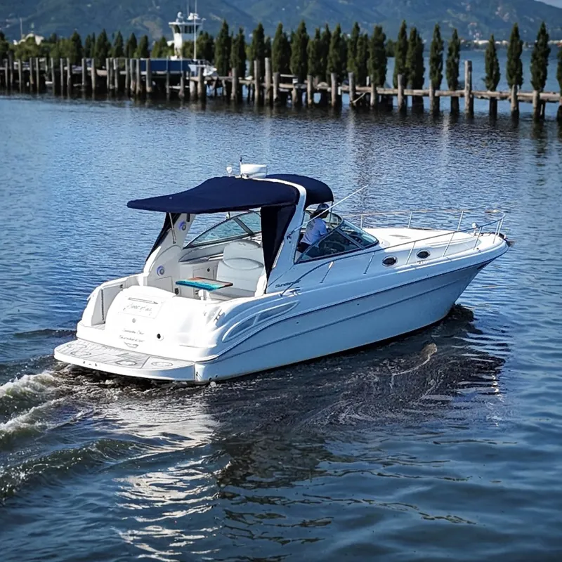 The Image of 2001 Sea Ray 340 Sundancer cruising on calm waters with a navy blue canopy. - 0